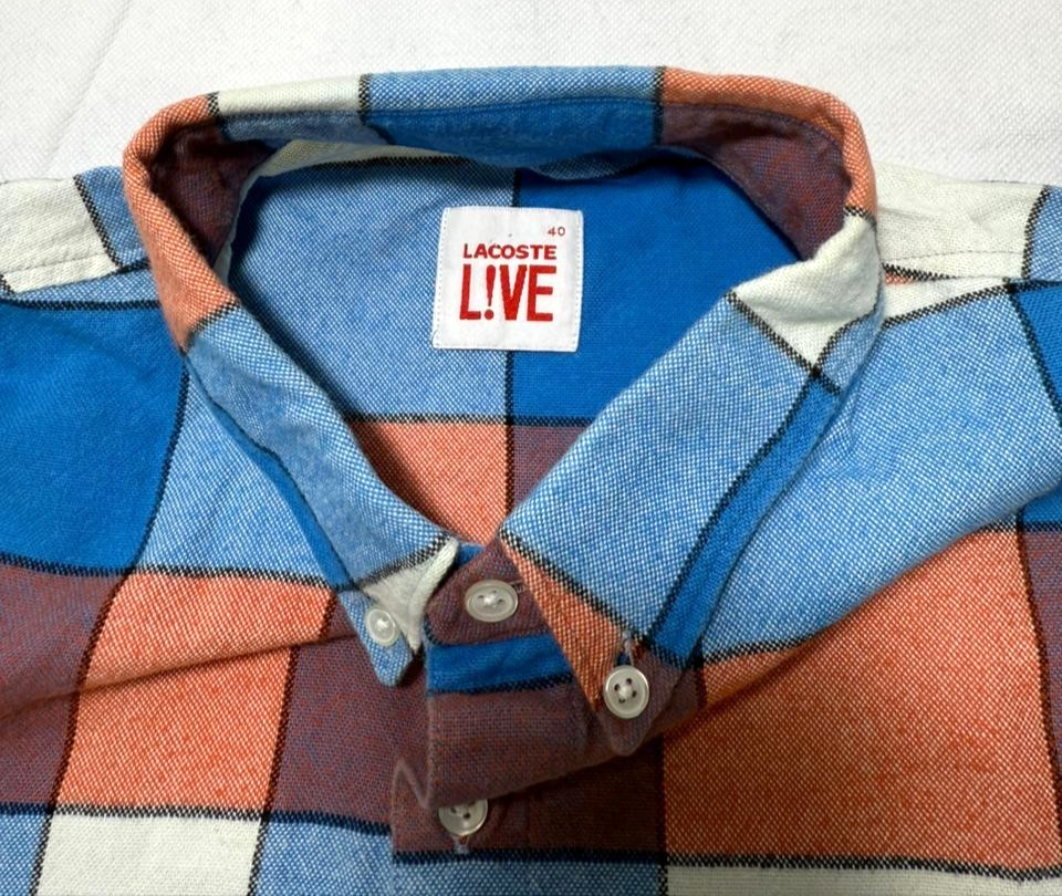 Lacoste Live Men's Long Sleeve Button Down Shirt Plaid Check Blue Orange White