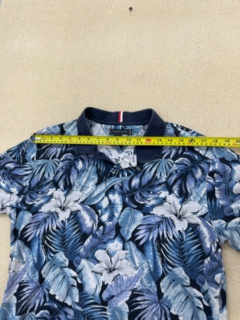 Tommy Hilfiger Men's Blue Palm Leaf Polo L Short Sleeve Cotton