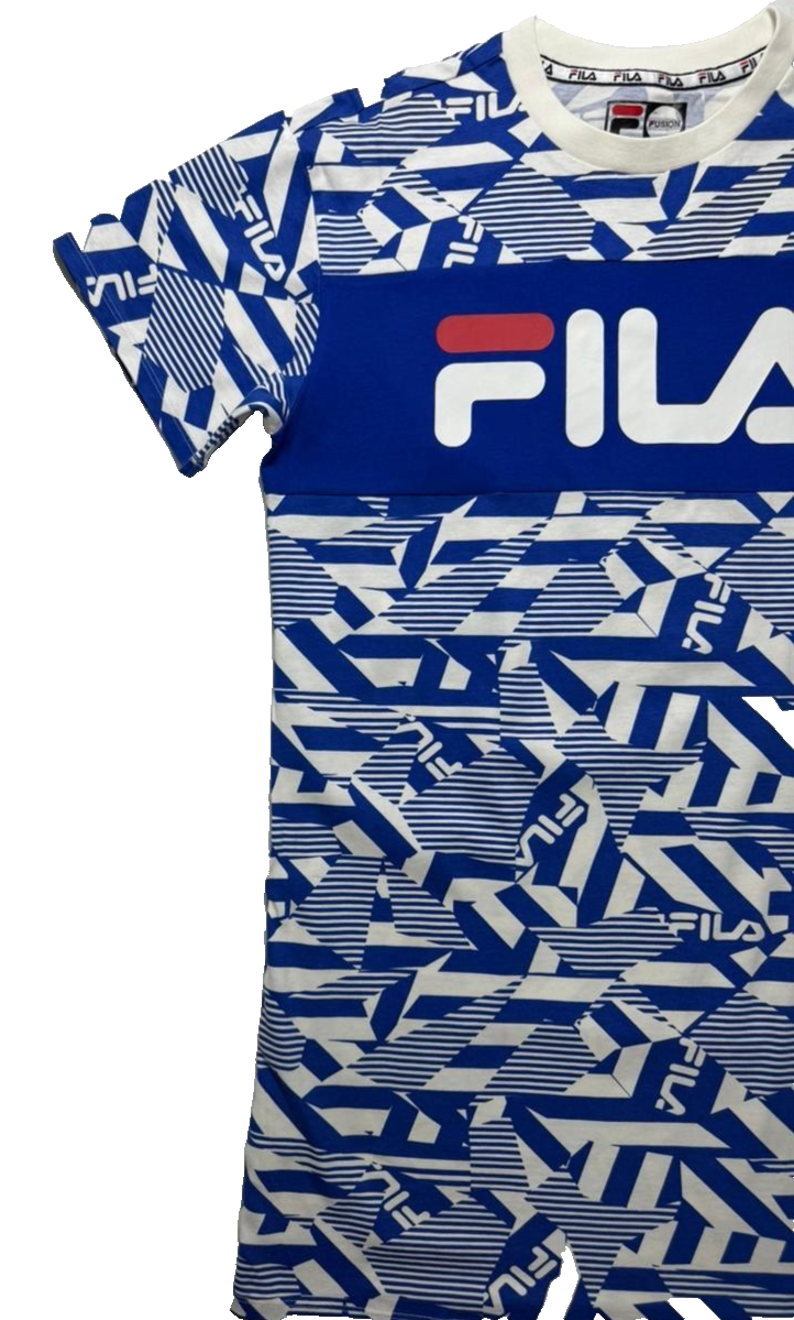 Fila Men's Graphic T-Shirt Blue White All Over Print Logo Short Sleeve - Size S