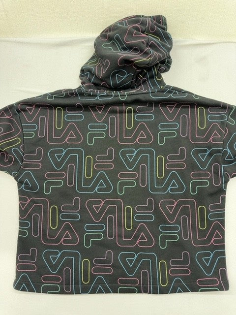 Fila Kids Black Neon Logo Hoodie Size 13-14 Retro All-Over Print
