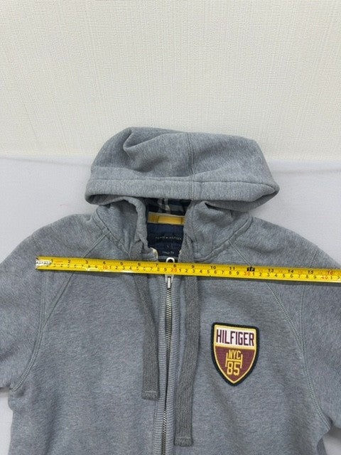 Tommy Hilfiger Grey Zip Hoodie S Vintage Fit Embroidered Patch Cotton Poly