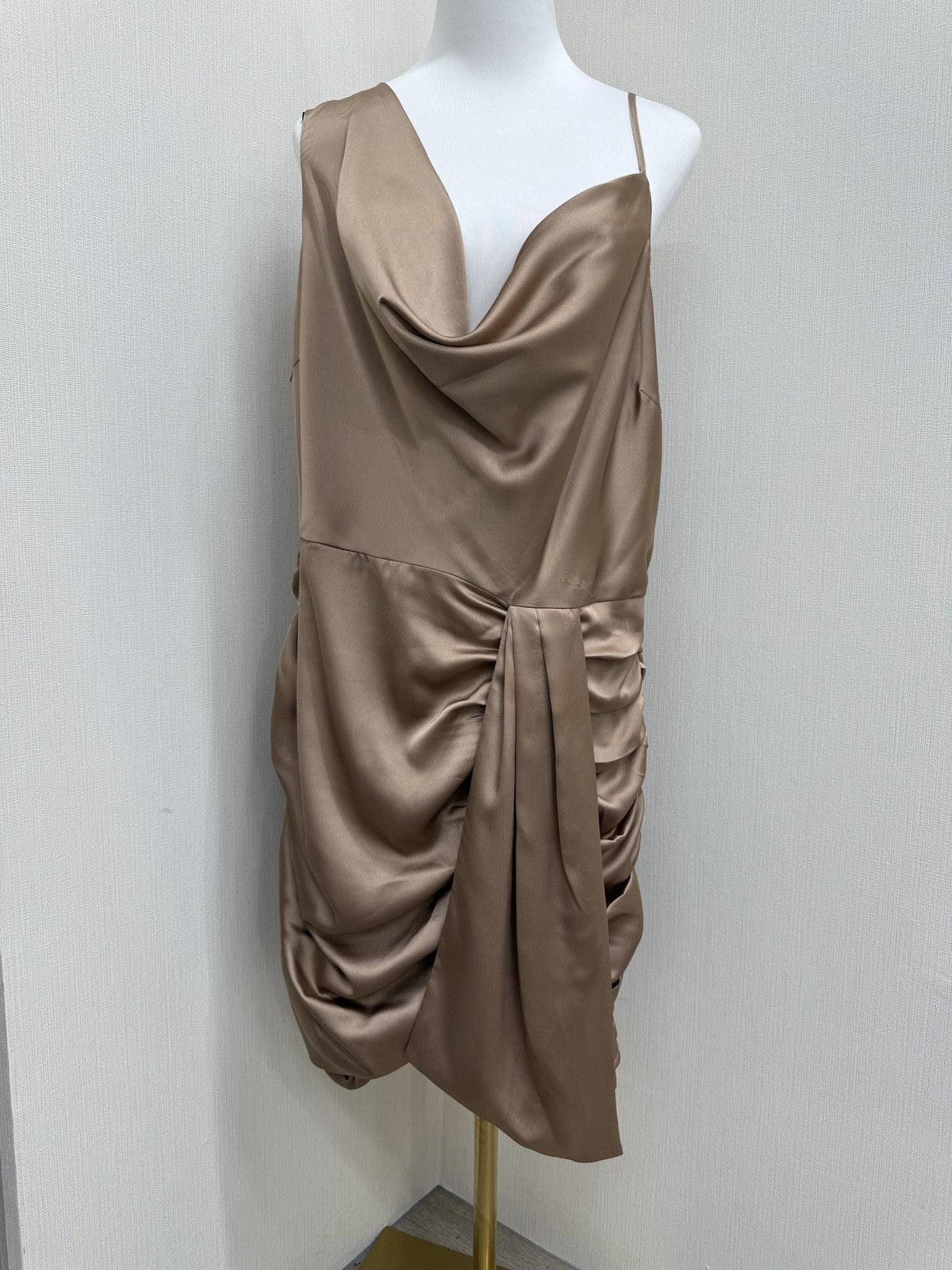 Lavish Alice Size 16 Mini One Shoulder Taupe Satin Dress
