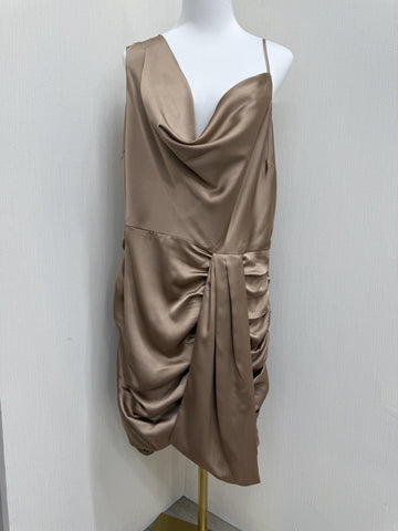 Lavish Alice Size 16 Mini One Shoulder Taupe Satin Dress