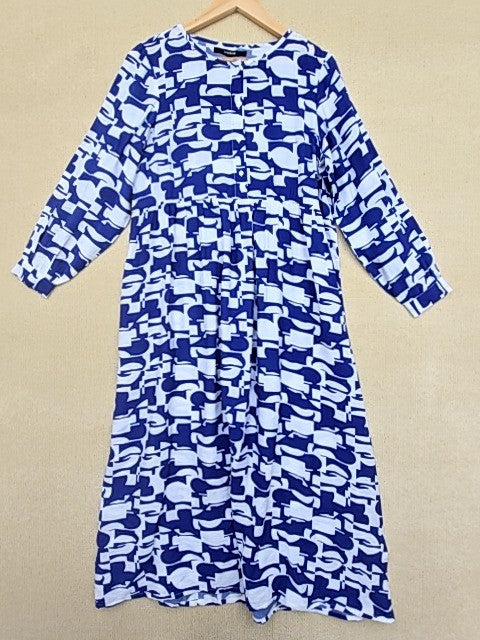 Bebe Navy Abstract Print Maxi Dress L Long Bishop Sleeves