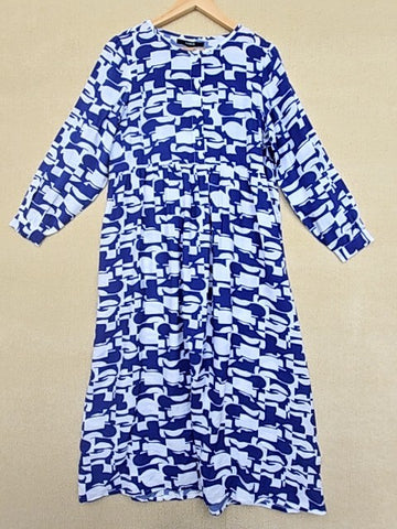 Bebe Navy Abstract Print Maxi Dress L Long Bishop Sleeves