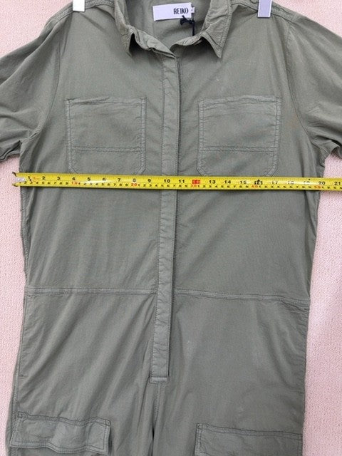 Reiko Green Worker Jumpsuit M Short Sleeve Cargo Pockets Cotton Spandex