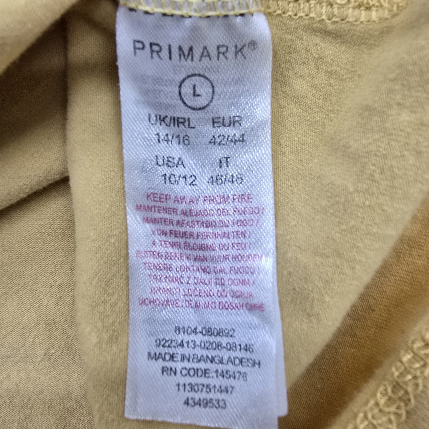Primark Women's Yellow V-Neck Stretch T-Shirt Size 10/12 Short Sleeve