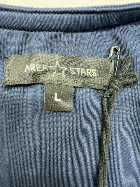 Area Stars Navy V-Neck Midi Dress L Side Tie Women Short Sleeve