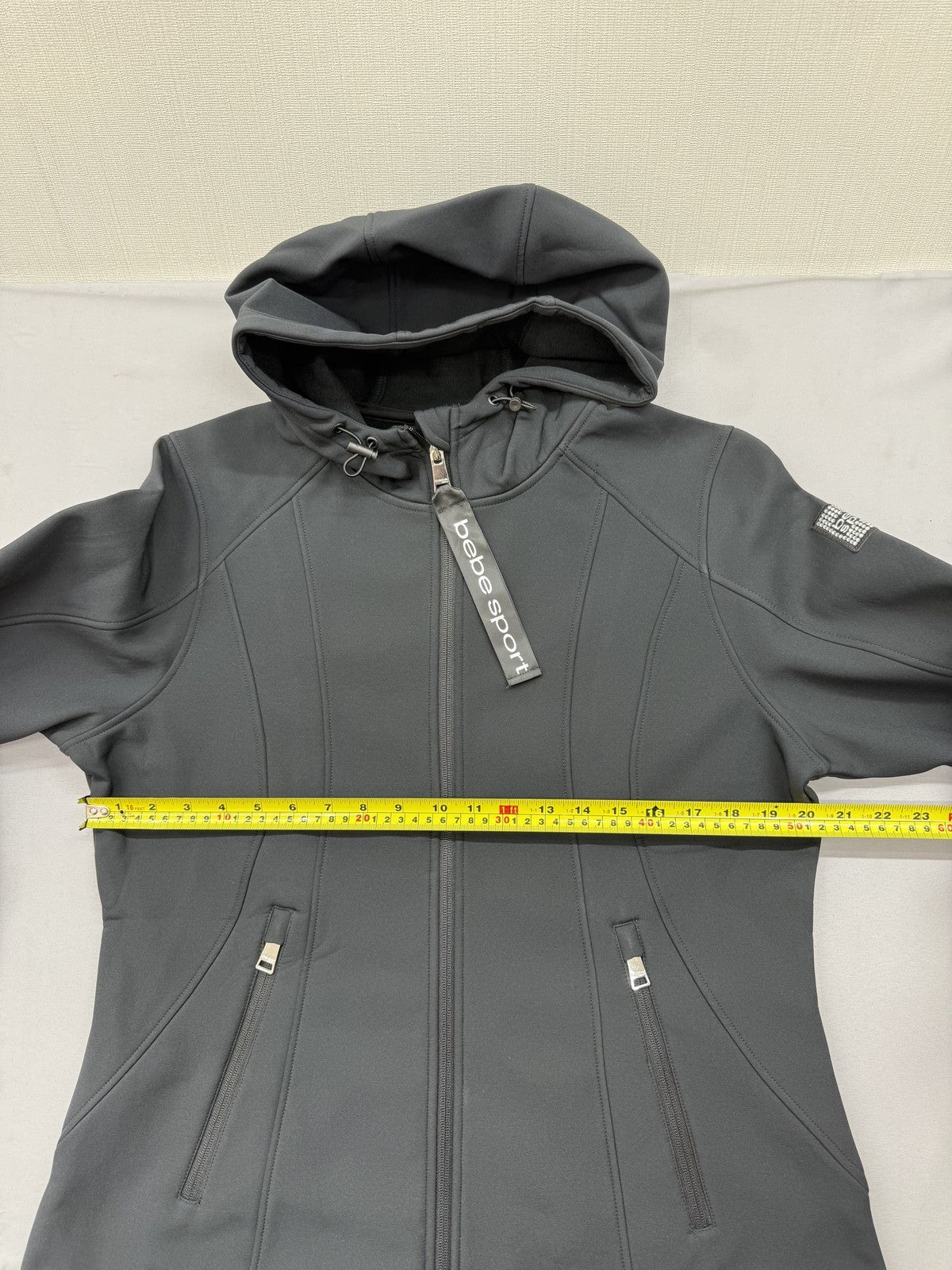 Bebe Sport Hooded Athletic Jacket L Charcoal Gray Tunic Zip Thumb Holes