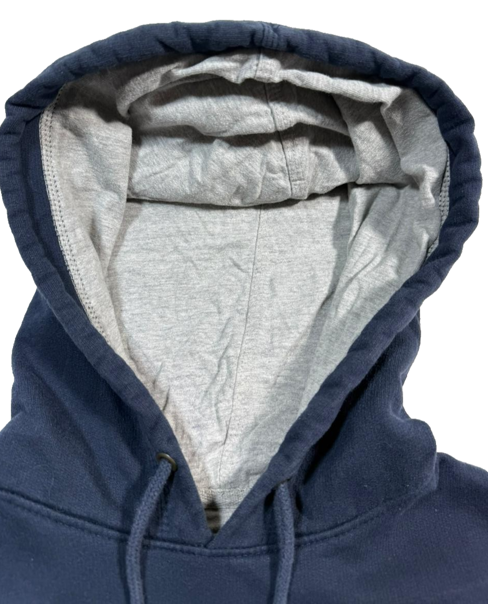Champion Navy Blue Pullover Hoodie Small Logo Gray Lined Hood Sweatshirt Size S