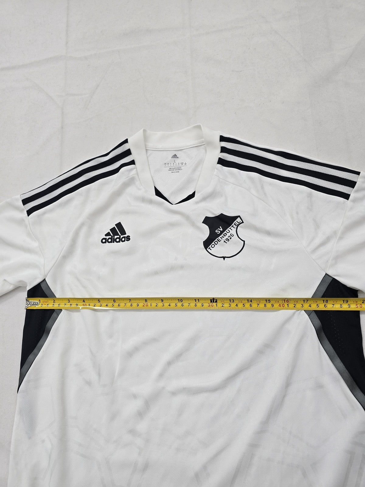 Adidas Men's White Striped Soccer Jersey L V-Neck Short Sleeve