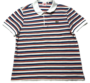 Lacoste Men White, Blue & Red Striped Polo Collar T-Shirt - Size 6