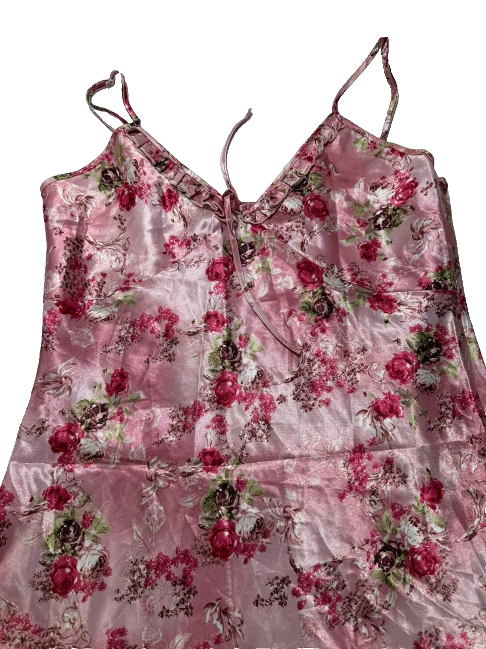 Vintage Women'S Pink Floral 100% Silk Satin Slip Dress Rose Print Xl Sleeveless