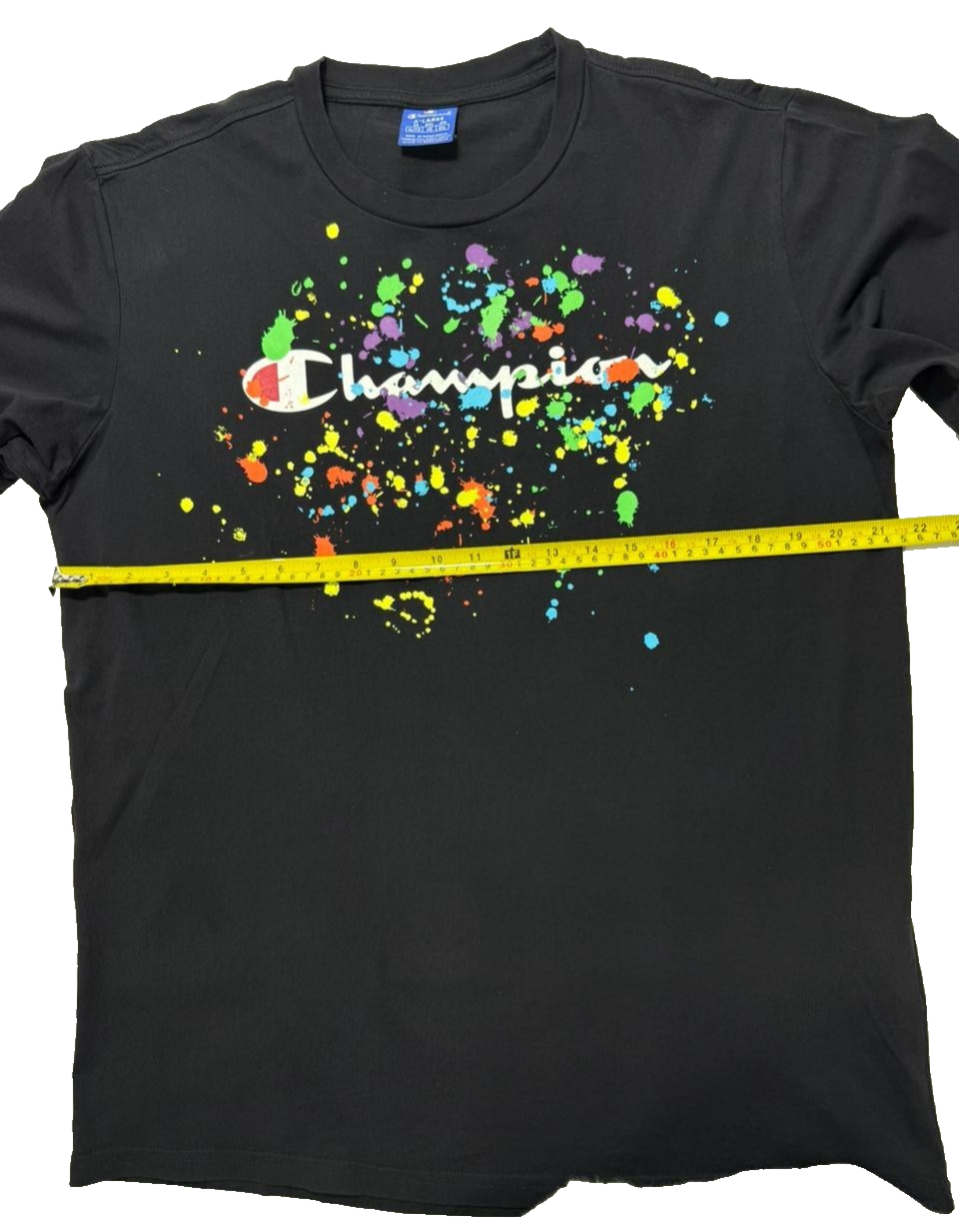 Champion Men's Black T-Shirt Short Sleeve Paint Splatter Logo Tee Casual Top