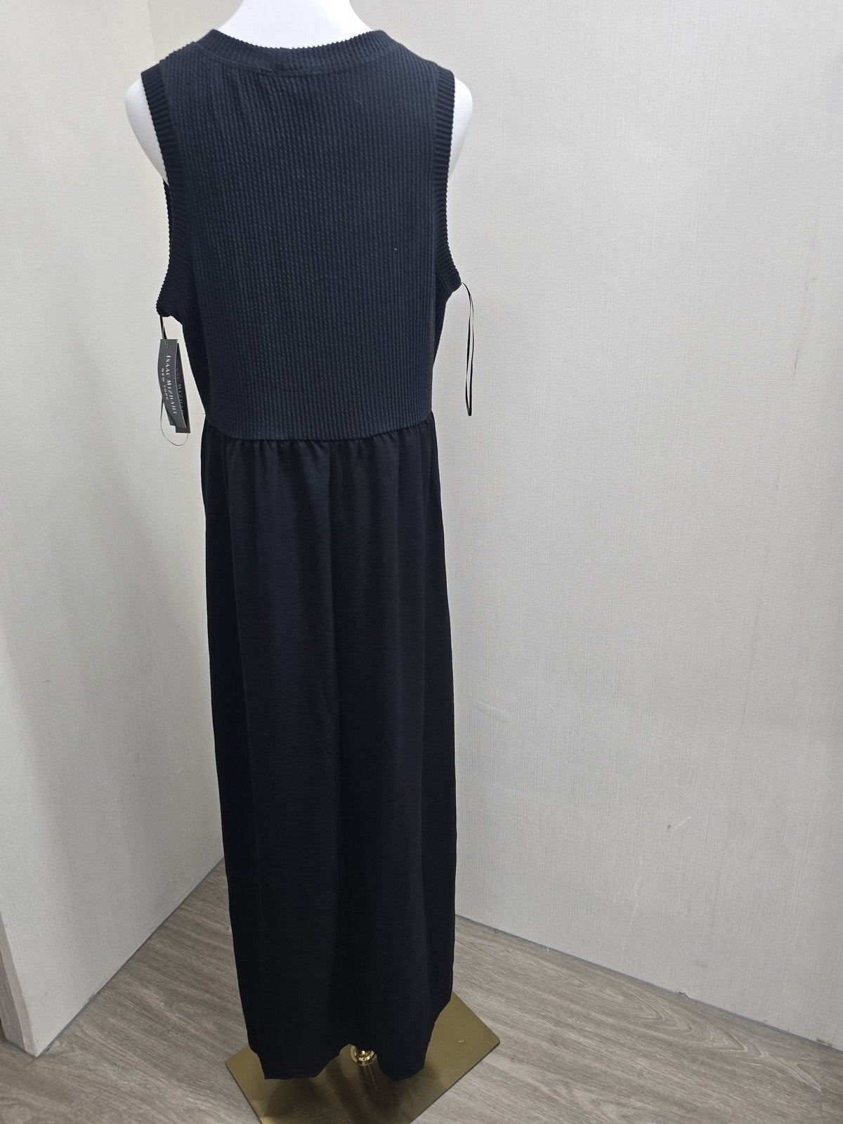 Isaac Mizrahi Black Sleeveless Maxi Dress L Waffle Knit Smocked USA
