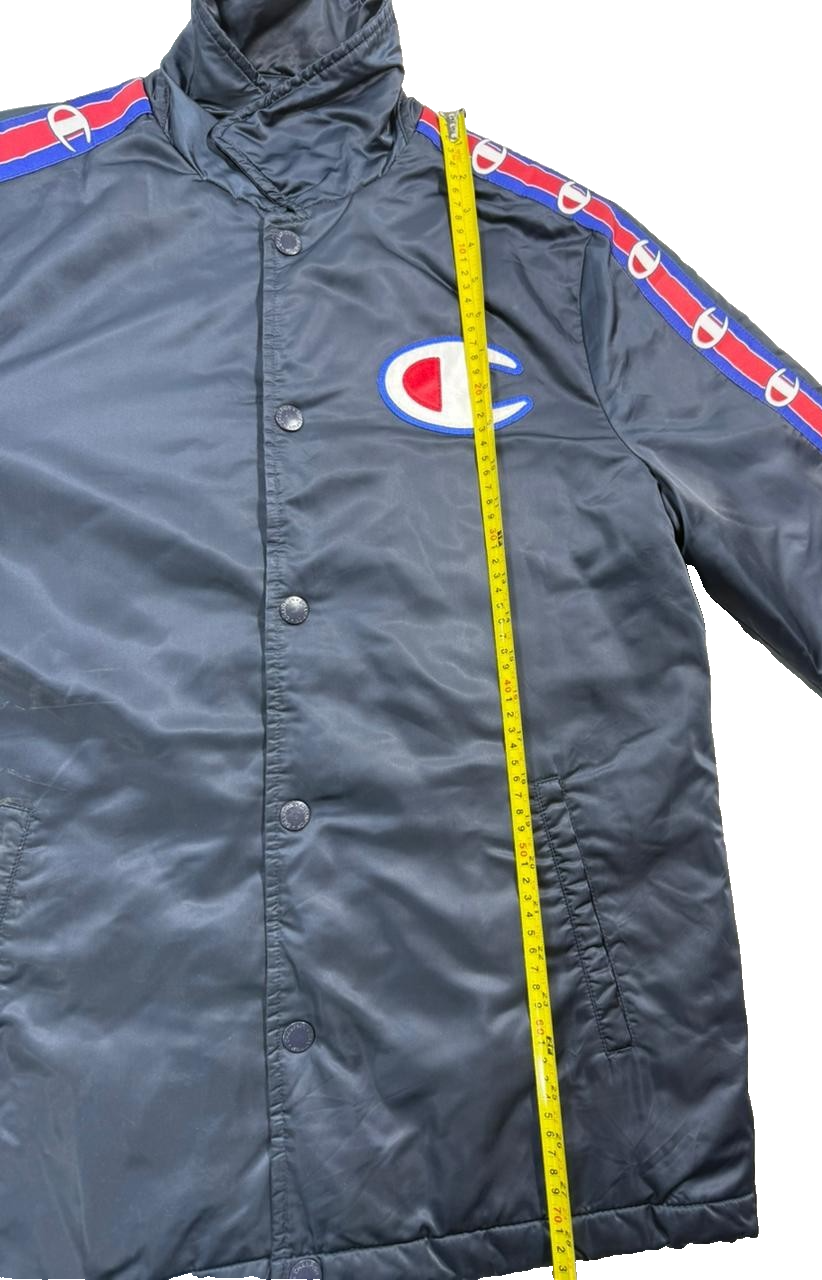 Champion Men's Navy Coach Jacket Logo Tape Sleeves Quilted Lining Size M