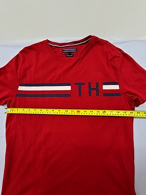 Tommy Hilfiger Men's Red Striped Organic Cotton T-Shirt L Crewneck