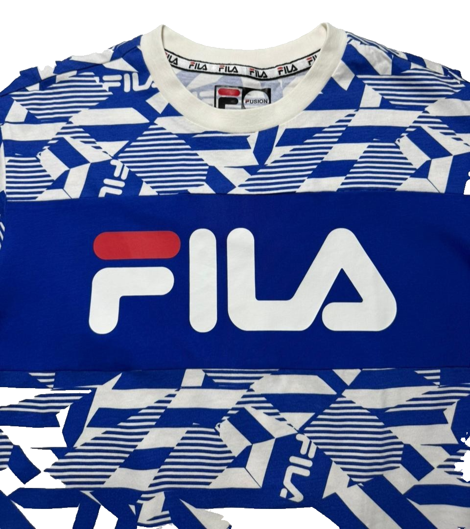 Fila Men's Graphic T-Shirt Blue White All Over Print Logo Short Sleeve - Size S