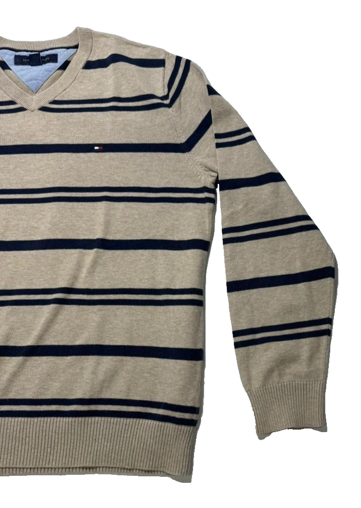 Tommy Hilfiger Men's Cotton V-Neck Sweater In A Beige And Navy Blue Stripes