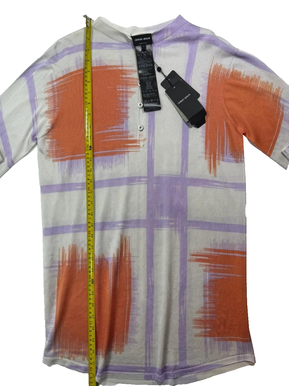 BNWT Giorgio Armani Orange Purple Grid Print Jersey Button V-Neck - Size 42