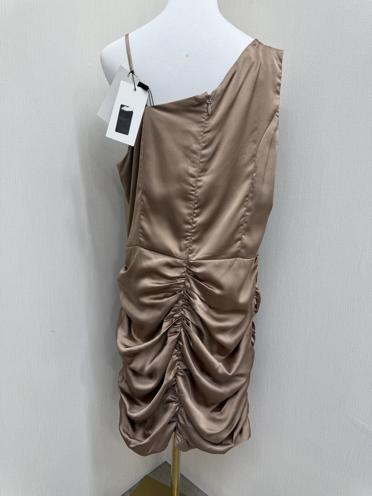 Lavish Alice Size 16 Mini One Shoulder Taupe Satin Dress