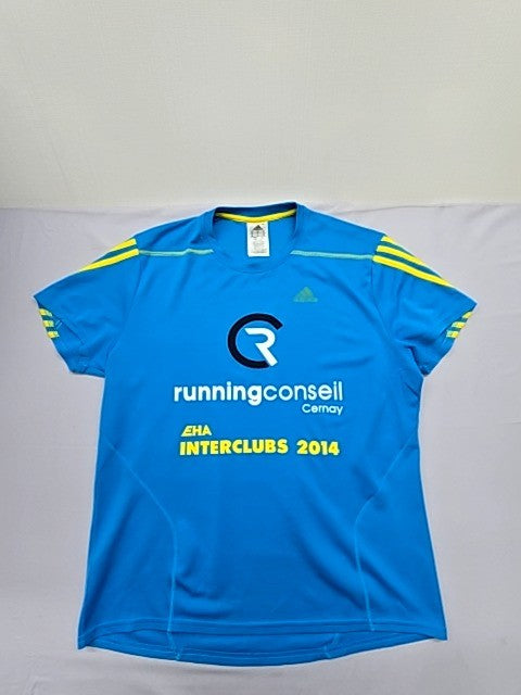 Adidas Women's Blue Running T-Shirt M Vintage 2014 Yellow Stripes