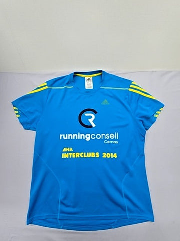 Adidas Women's Blue Running T-Shirt M Vintage 2014 Yellow Stripes