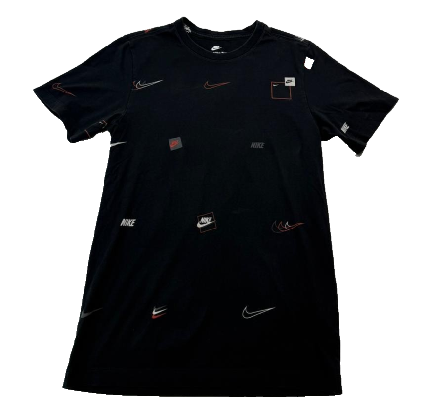 Nike Black All Over Print T-Shirt Swoosh Logo Graphic Unisex Size XS