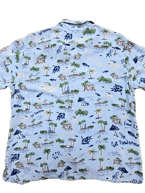 Grand & Hills Men's Blue Palm Trees Hawaiian Shirt Size L Short Sleeve