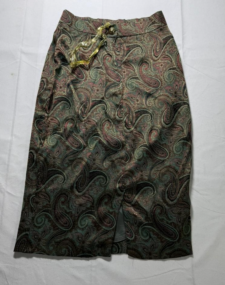 Vintage Paisley Printed Set Top And Skirt Green Brown Retro Women's Size 12