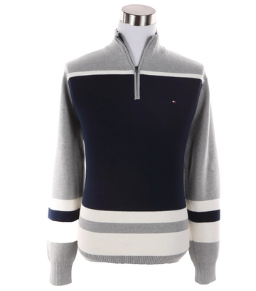 Tommy Hilfiger Men�S 1/4 Zip Sweater Navy Grey Stripe Size L Classic Logo