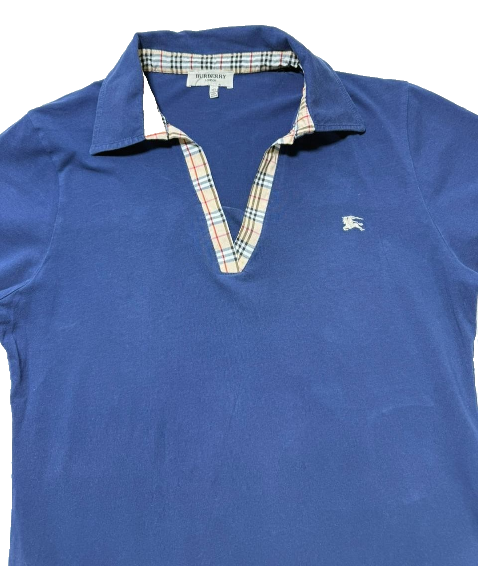 Burberry Blue Plaid Trim Polo Shirt Women's Size 3Xl
