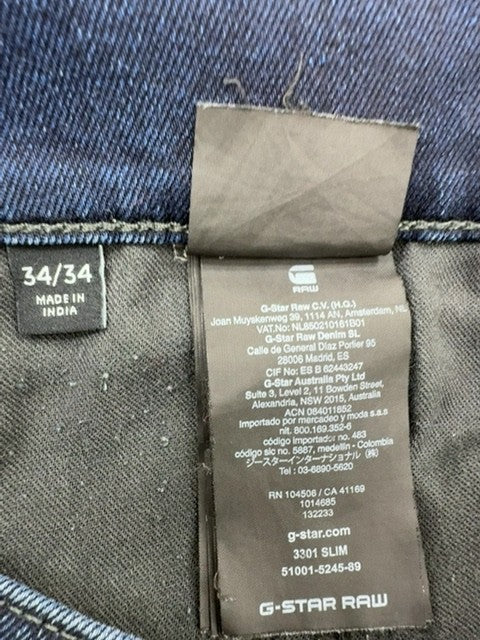 G-Star Raw Men's Blue Slim 3301 Jeans 34/34 Stretch Raw