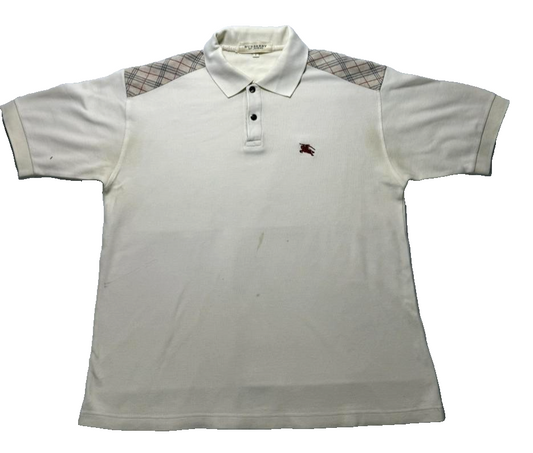Burberry Of London Polo Shirt White Beige Nova Check Shoulder - Size S