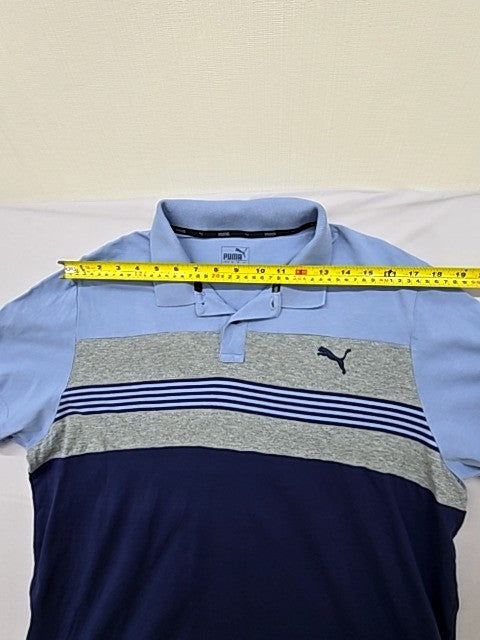 Puma Men's Striped Color Blocked Polo Shirt L Blue Navy Gray Short Sleeve