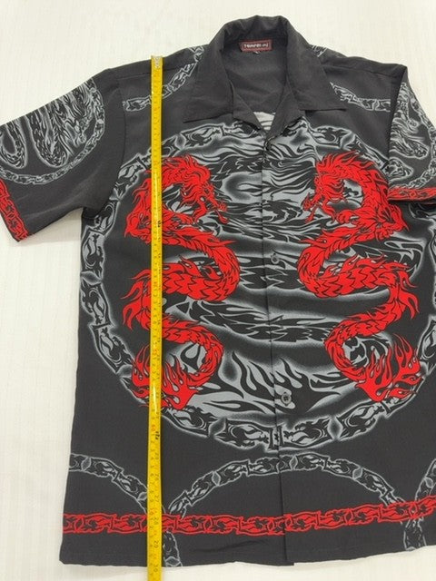 Tempel Men's Black Dragon Embroidered Bowling Shirt L