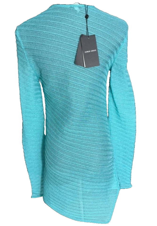 Bnwt Giorgio Armani Women�S Sheer Ribbed Asymmetric Top Turquoise Size 42,