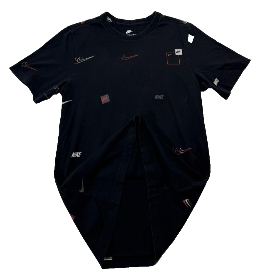 Nike Black All Over Print T-Shirt Swoosh Logo Graphic Unisex Size XS