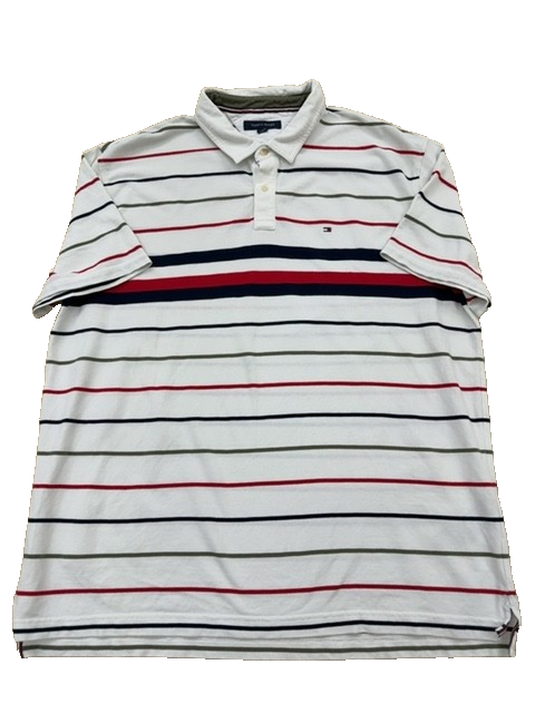 Tommy Hilfiger Men's Striped Polo Shirt Size M Flag Embroidery White/Navy