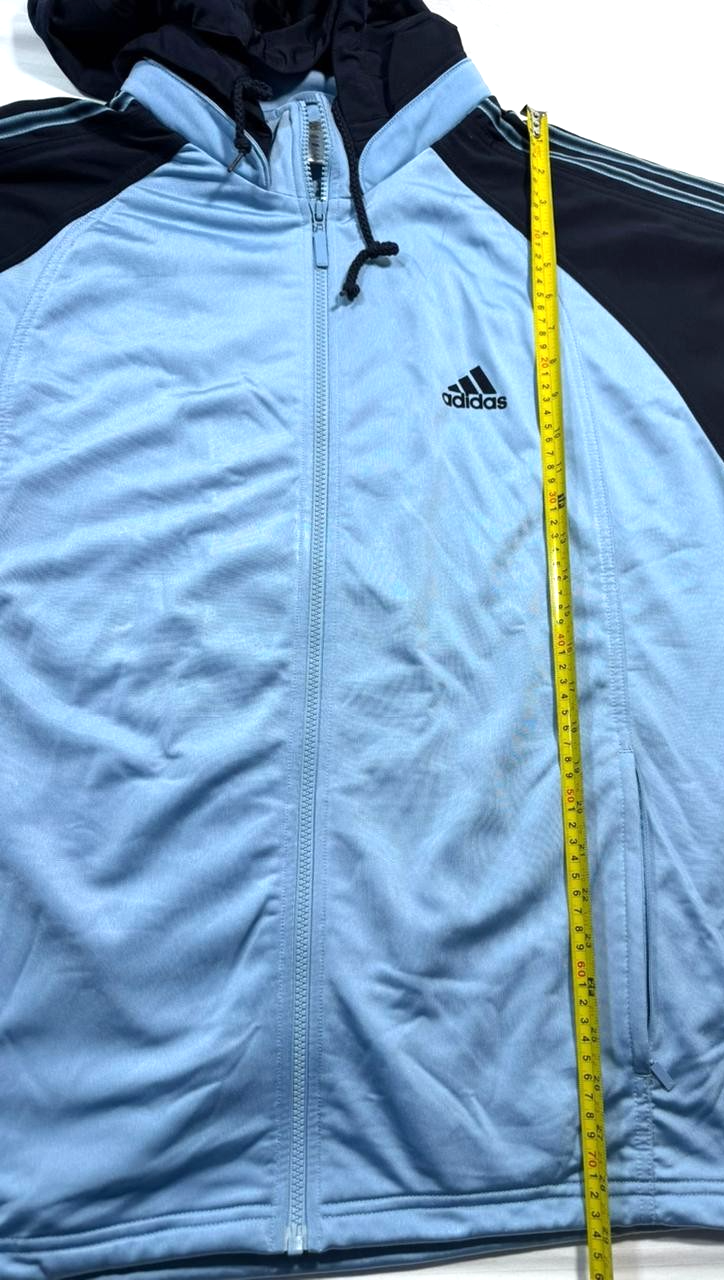 Adidas Track Jacket In Light Blue And Navy Blue With A Hood - Size M