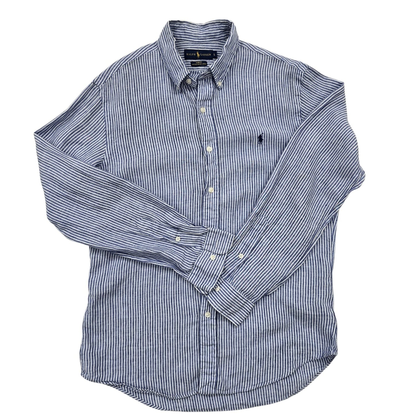 RALPH LAUREN Men's Blue White Striped Linen Shirt L Slim Fit