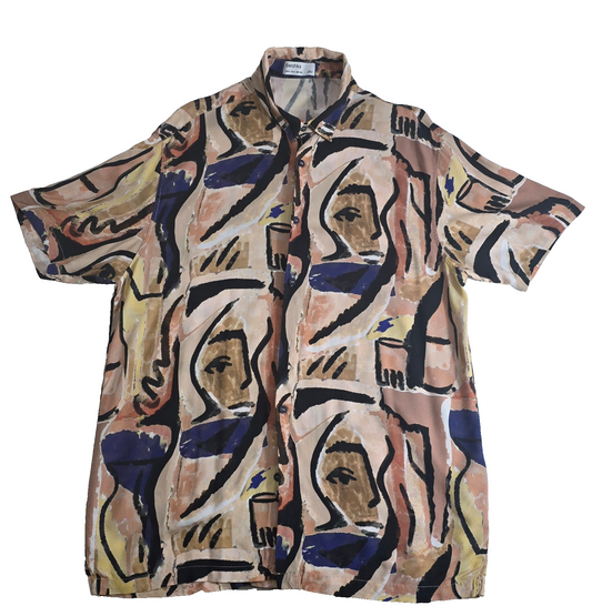 Bershka Men's Large Abstract Face Print Button Up Shirt Short Sleeve Multicolor