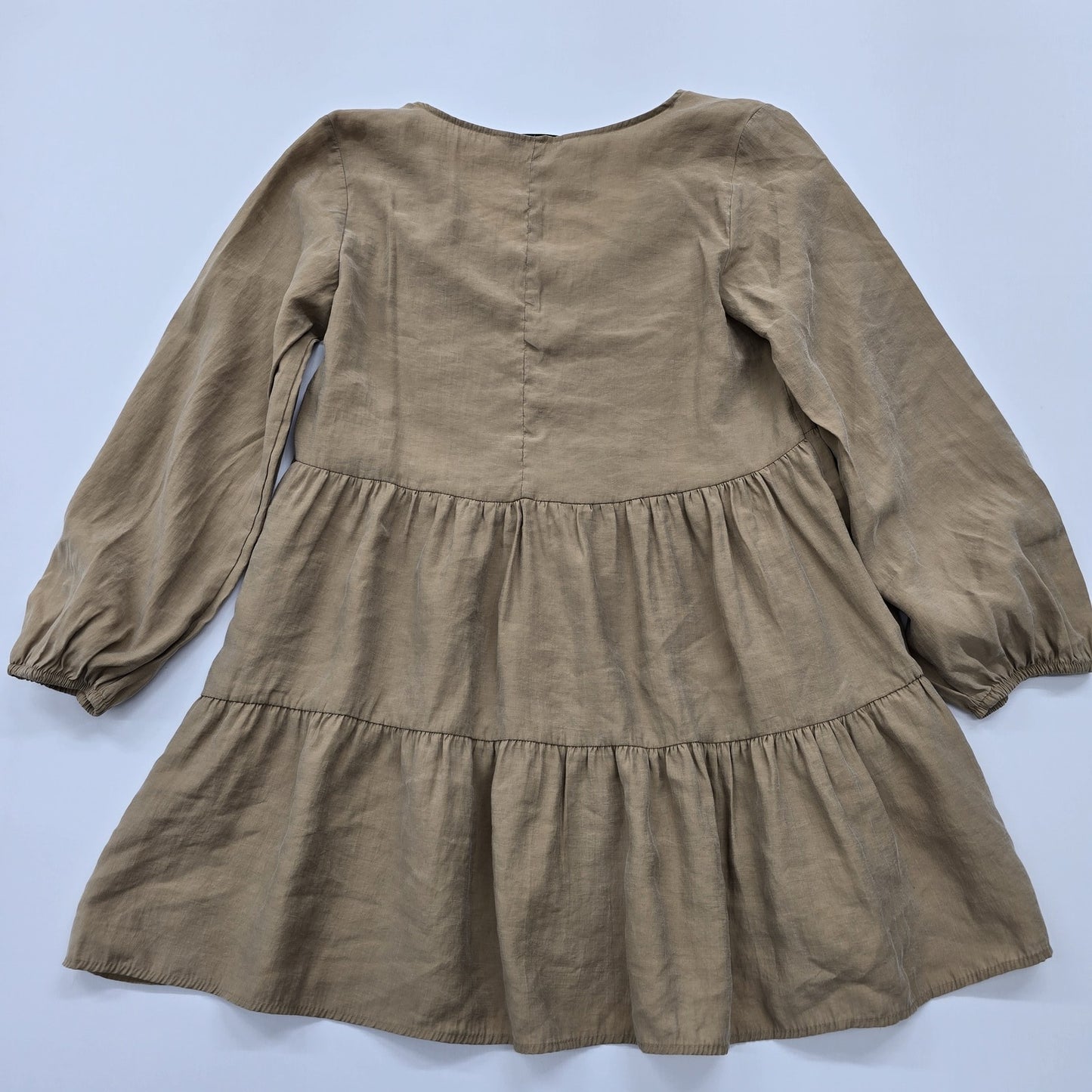 Zara Khaki V-Neck Puffed Sleeve Tiered Knee Dress M
