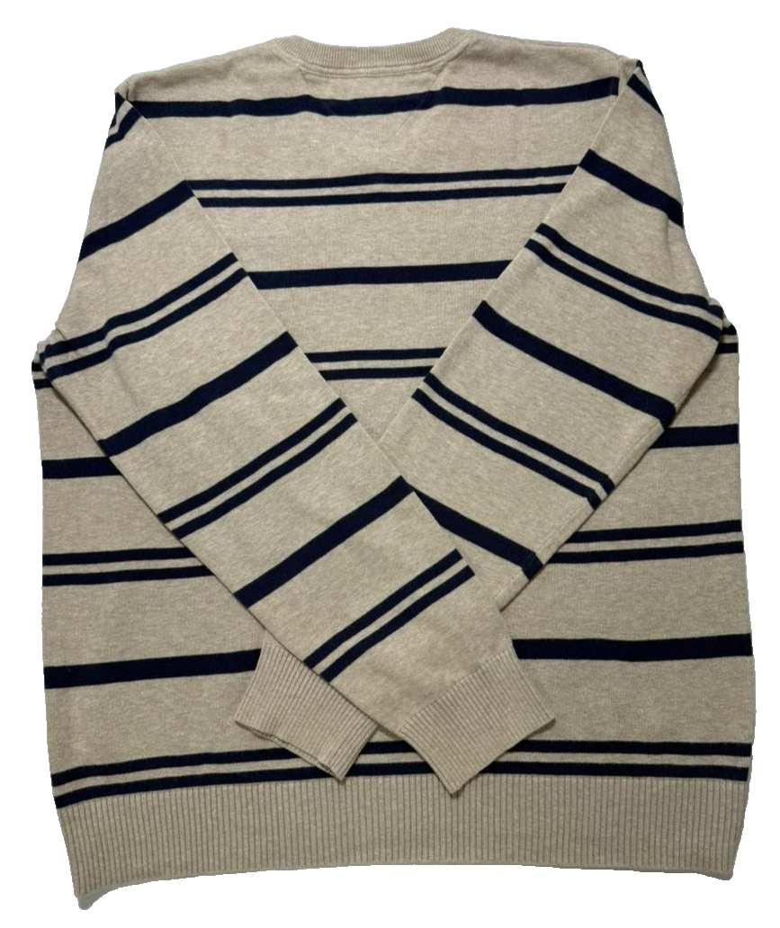 Tommy Hilfiger Men'S Cotton V-Neck Sweater In A Beige And Navy Blue Stripes