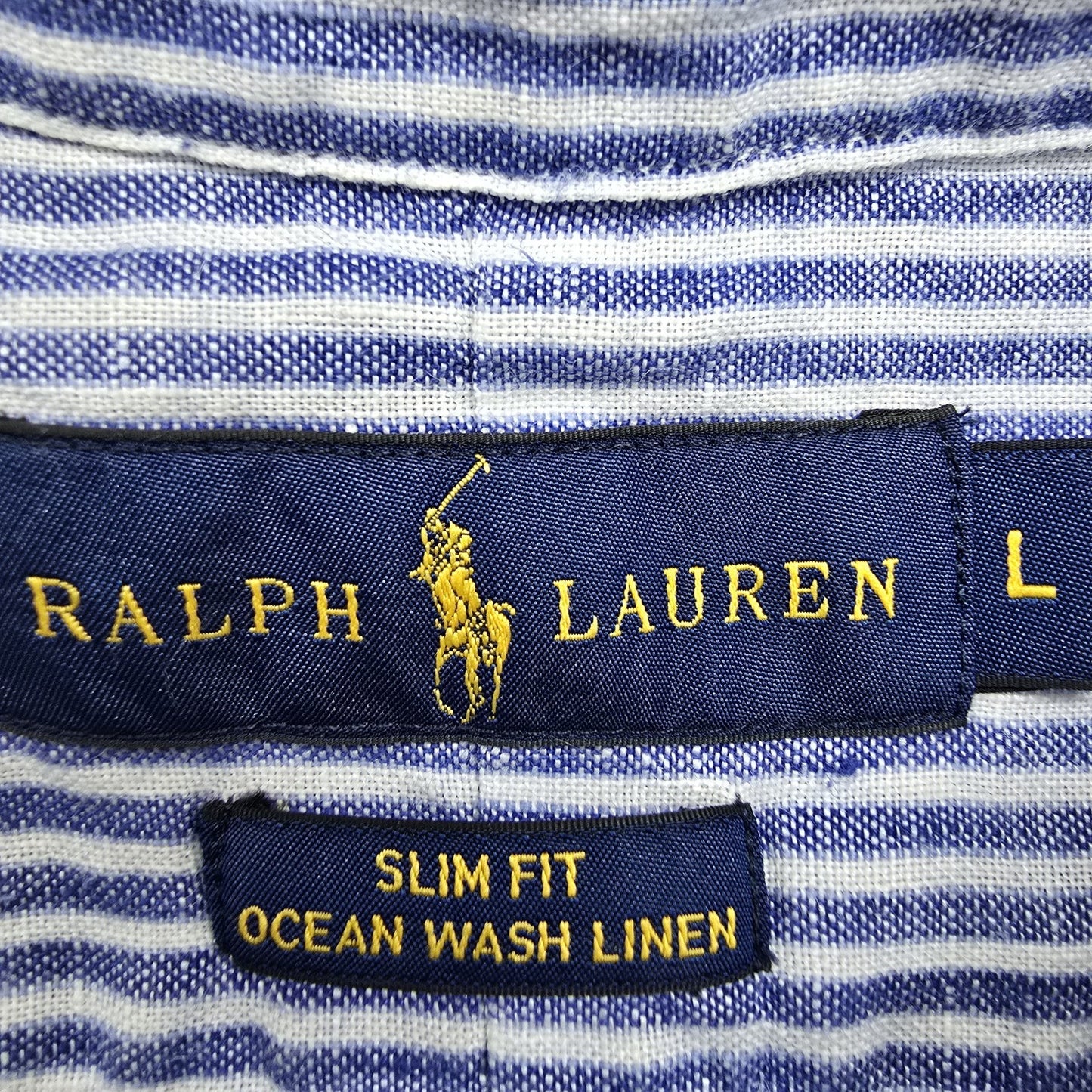 RALPH LAUREN Men's Blue White Striped Linen Shirt L Slim Fit