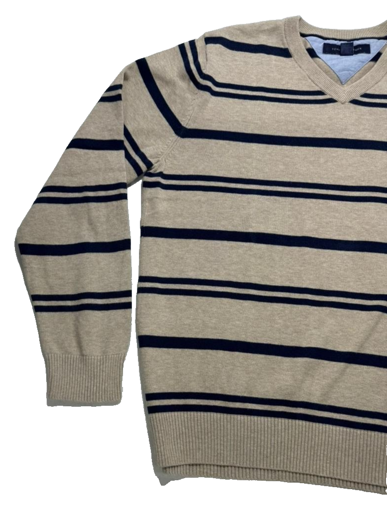 Tommy Hilfiger Men's Cotton V-Neck Sweater In A Beige And Navy Blue Stripes