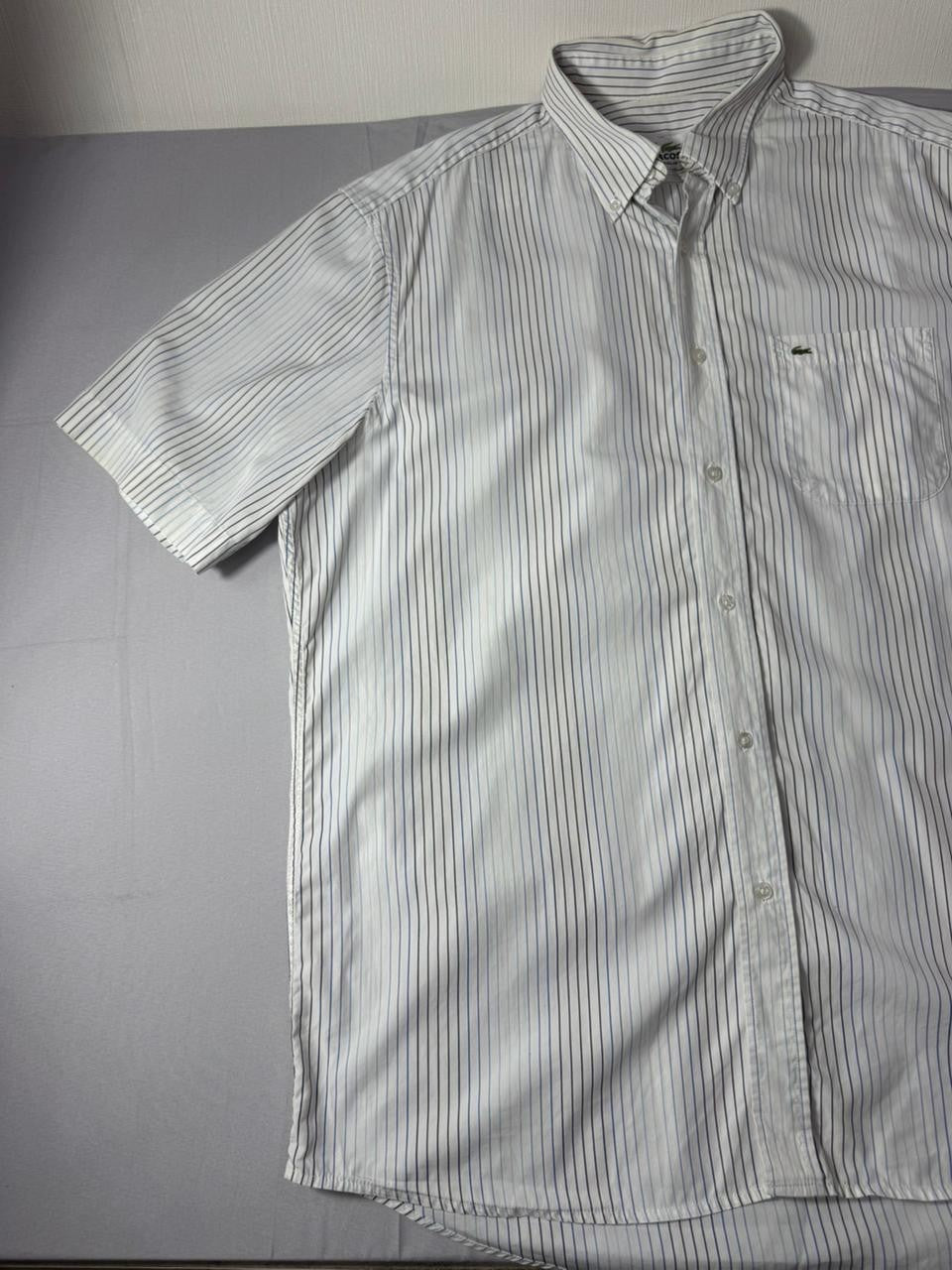 Lacoste Men's White Blue Striped Short Sleeve Button Down Shirt Size 44
