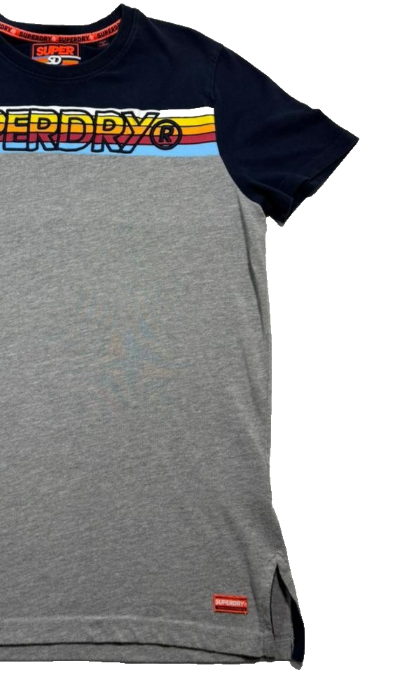 Superdry Men's Navy Gray Colorblock T-Shirt, Size L, Logo Casual Cotton Tee