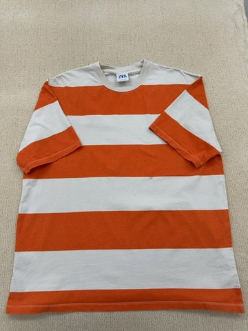 Zara Women's Orange Striped Short Sleeve Cotton T-Shirt