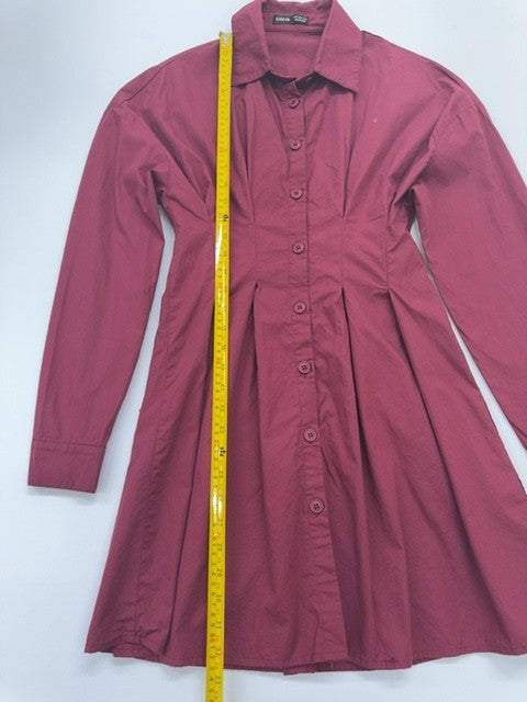 SHEIN Women's Burgundy Collared Shirt Dress Size S Cotton Knee